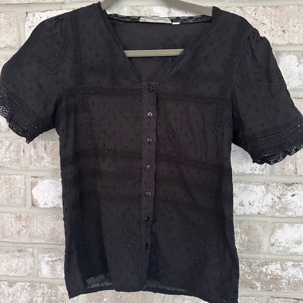 Anthropologie Forever That Girl Elegant Black Lace Eyelet Button-Up Top